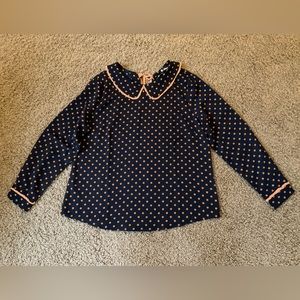 NWT~Navy Blouse, Tan Dots, Peter Pan Collar, Mod, Dolly, Coquette, Women’s Large